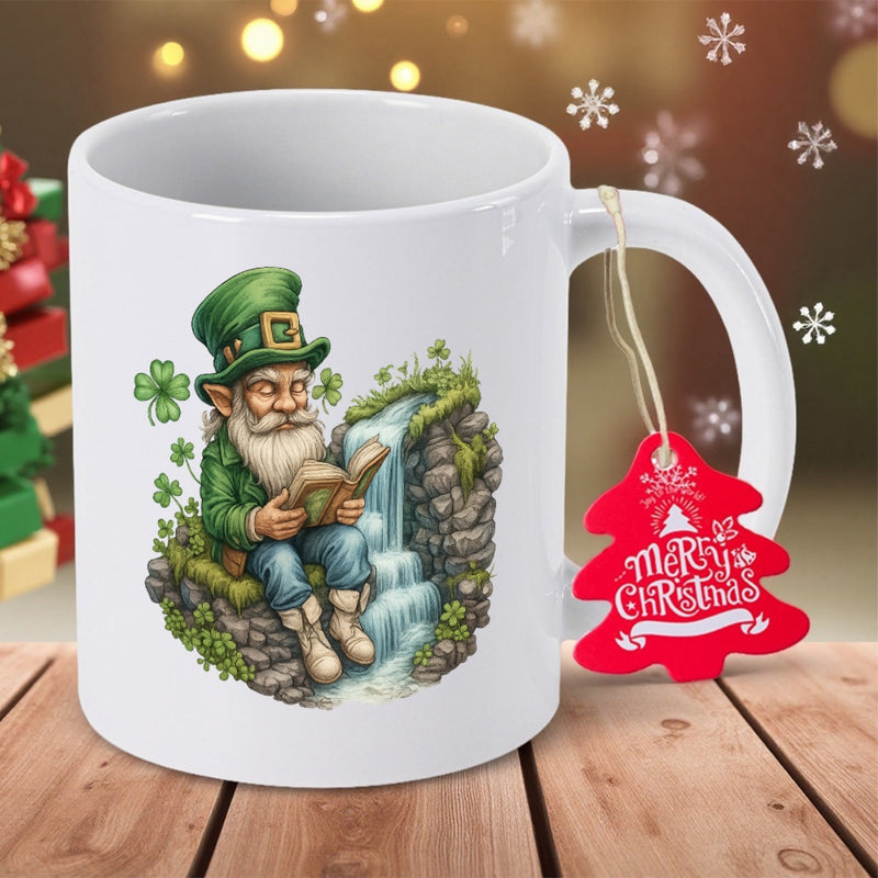 Tailorly White Ceramic 11 oz Mug - Merry Christmas Mythical Leprechaun Reading A Book Beside A Flowing Scenic Stone Waterfall Gnome