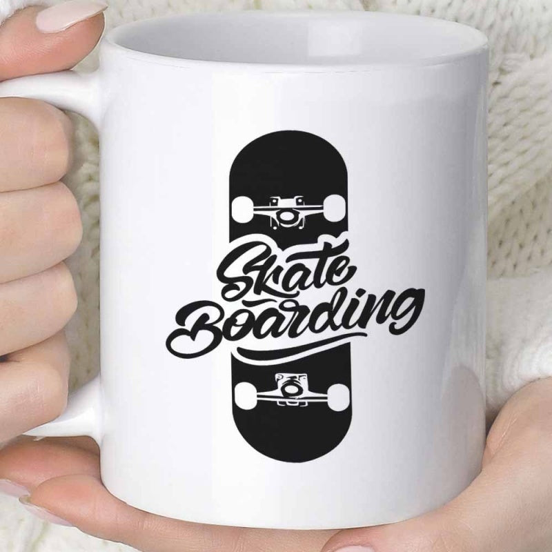 Tailorly White Ceramic 11 oz Mug - Skate Boarding Minimalist Vertical Silhouette Of A Modern Urban Street Style Skateboard