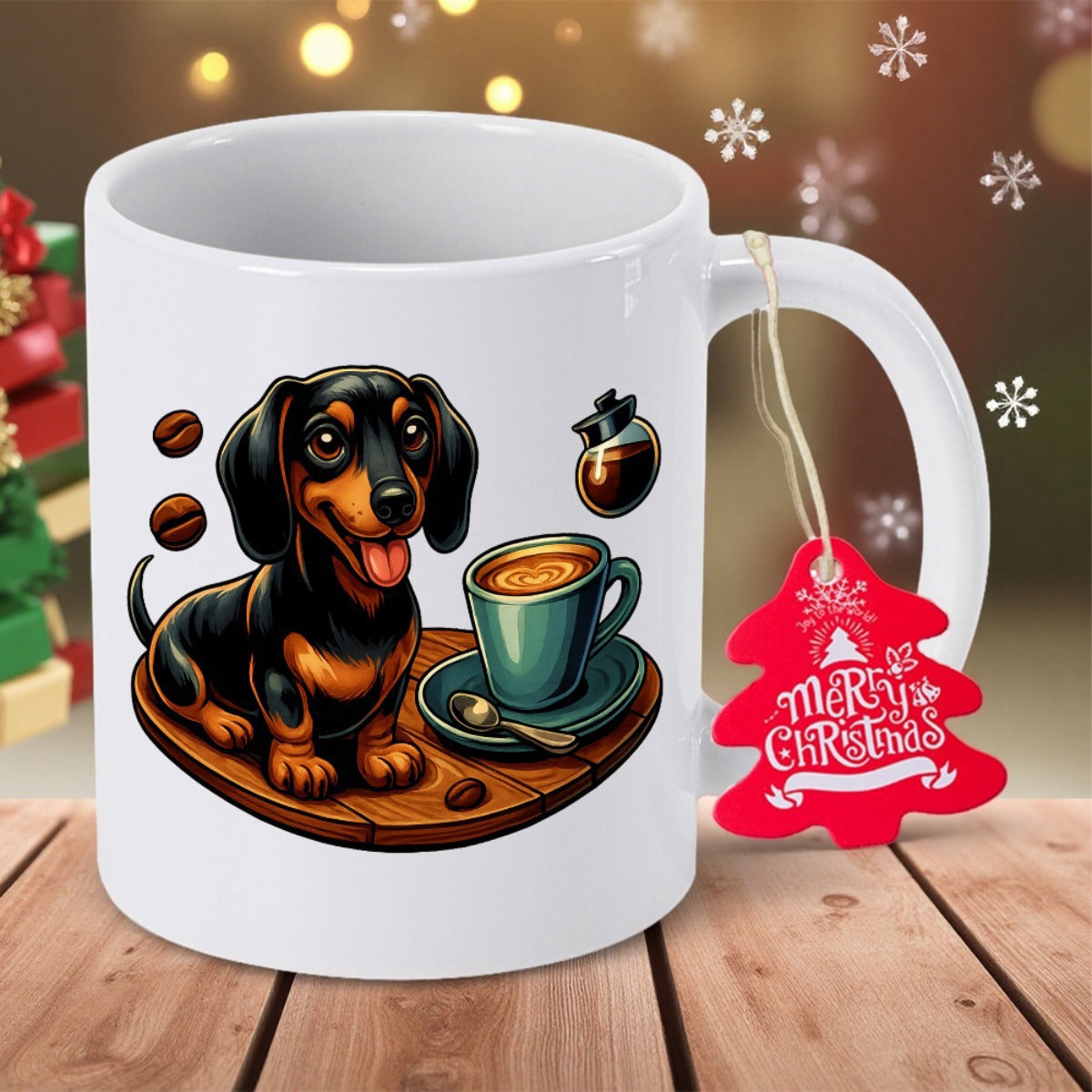 Tailorly White Ceramic 11 oz Mug - Cute Cartoon Dog Sitting Near Steaming Cup Of Coffee With Floating Beans Dachshund