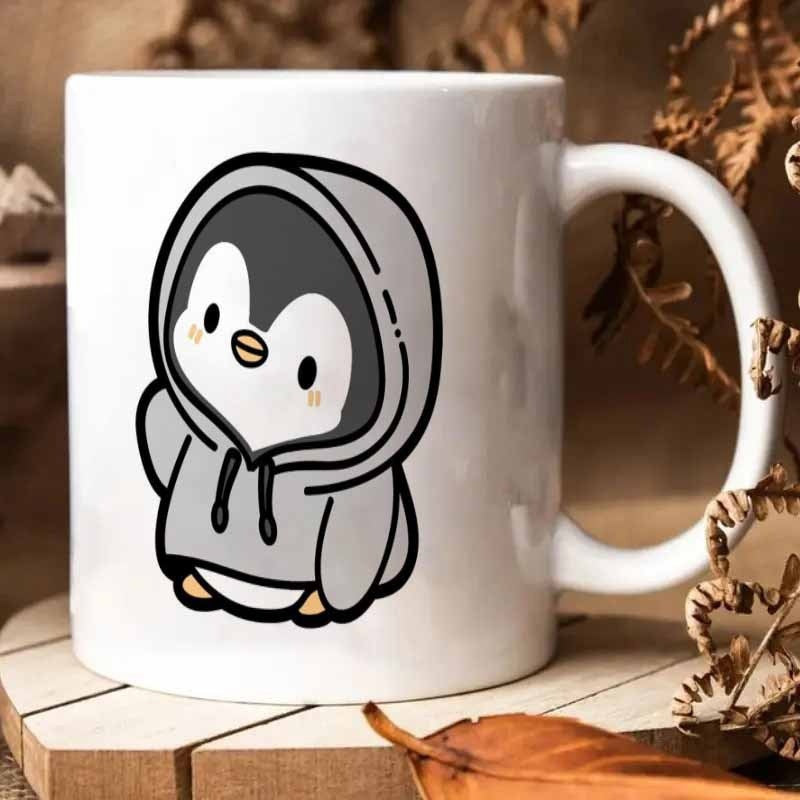 Tailorly White Ceramic 11 oz Mug - Adorable Kawaii Styled Cartoon Illustration Of A Small Grey Hooded Penguin