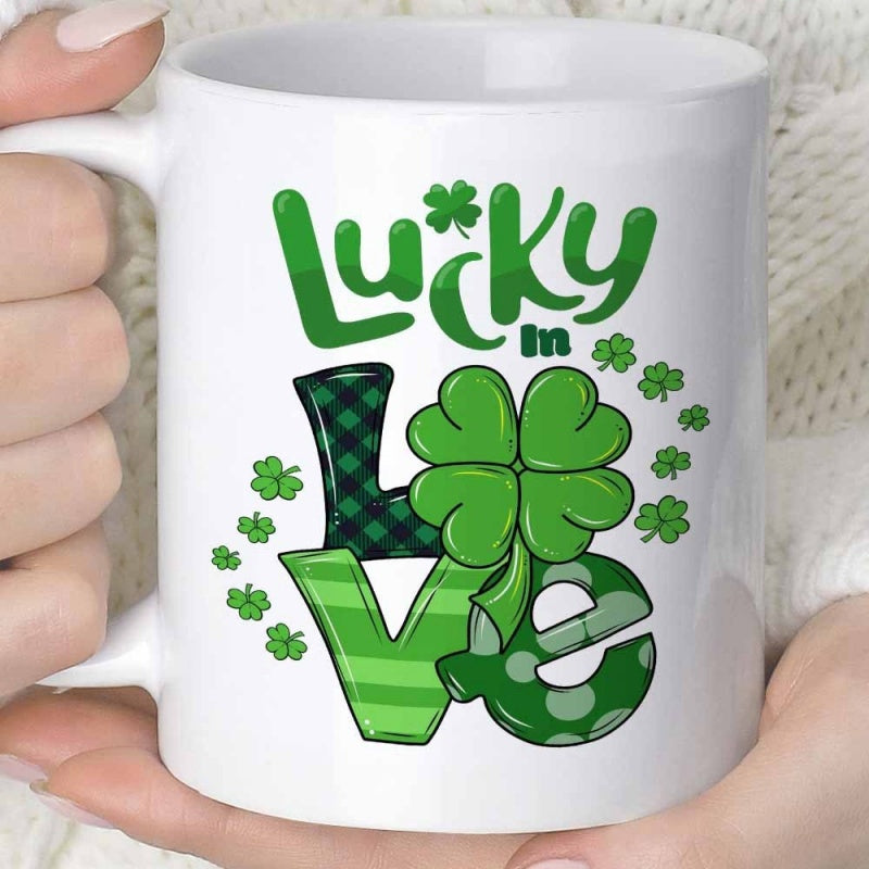 Tailorly White Ceramic 11 oz Mug - Lucky In Love Vibrant Green Shamrocks With Decorative Patterns Among Artistic Typography Festive Clover