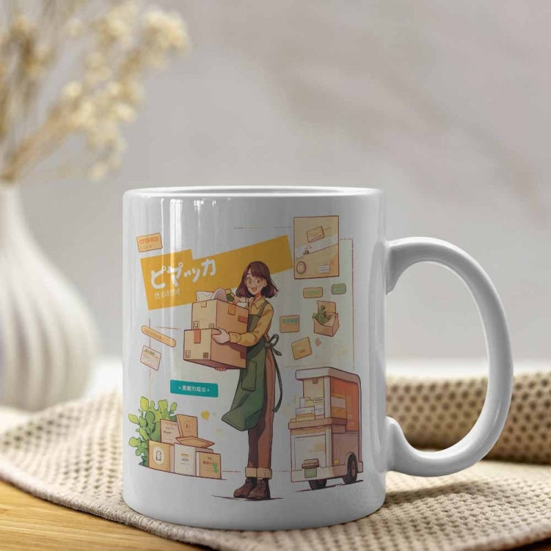 Tailorly White Ceramic 11 oz Mug - Hardworking Young Woman Carrying Multiple Cardboard Boxes Near A Delivery Cart Worker