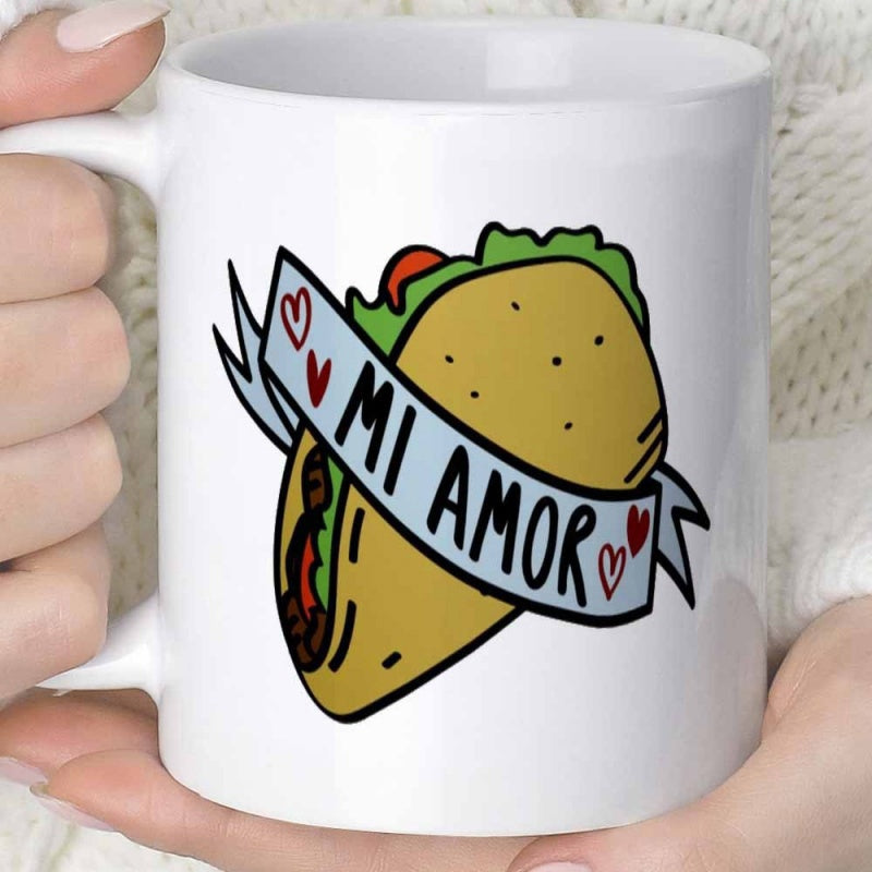 Tailorly White Ceramic 11 oz Mug - Hand Drawn Mexican Food Illustration Featuring Banner And Little Red Hearts Taco