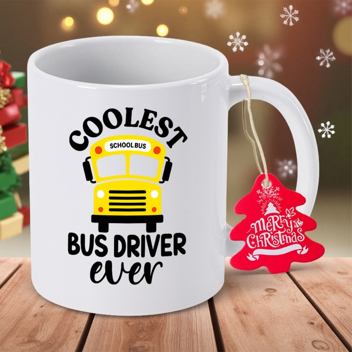 Tailorly White Ceramic 11 oz Mug - Coolest School Bus Driver Ever Bright Yellow Cartoon Front View Of A Festive School Vehicle Bus