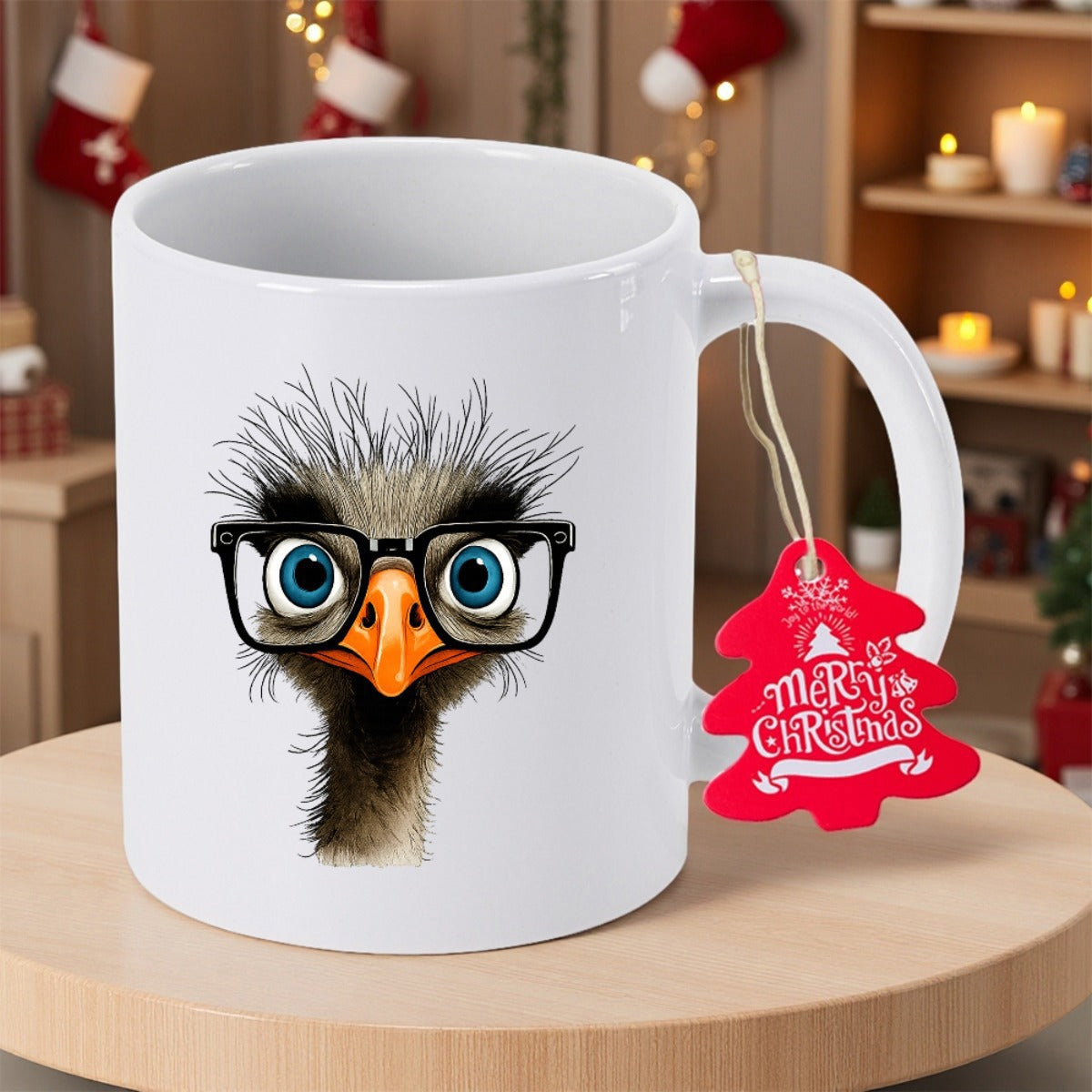 Tailorly White Ceramic 11 oz Mug - Merry Christmas Quirky Fuzzy Head Wearing Thick Black Glasses With Wide Staring Eyes Ostrich