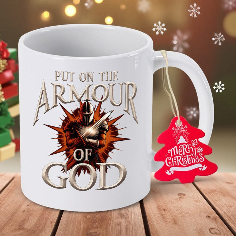 Tailorly White Ceramic 11 oz Mug - Put On The Armour Of God Brave Medieval Warrior In Shiny Metallic Suit Holding Sword Knight