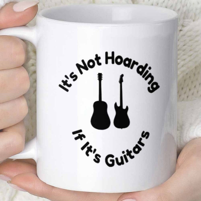 Tailorly White Ceramic 11 oz Mug - Its Not Hoarding If Its Guitars Minimalist Black Silhouettes Of Classical And Electric Musical Instruments Guitar