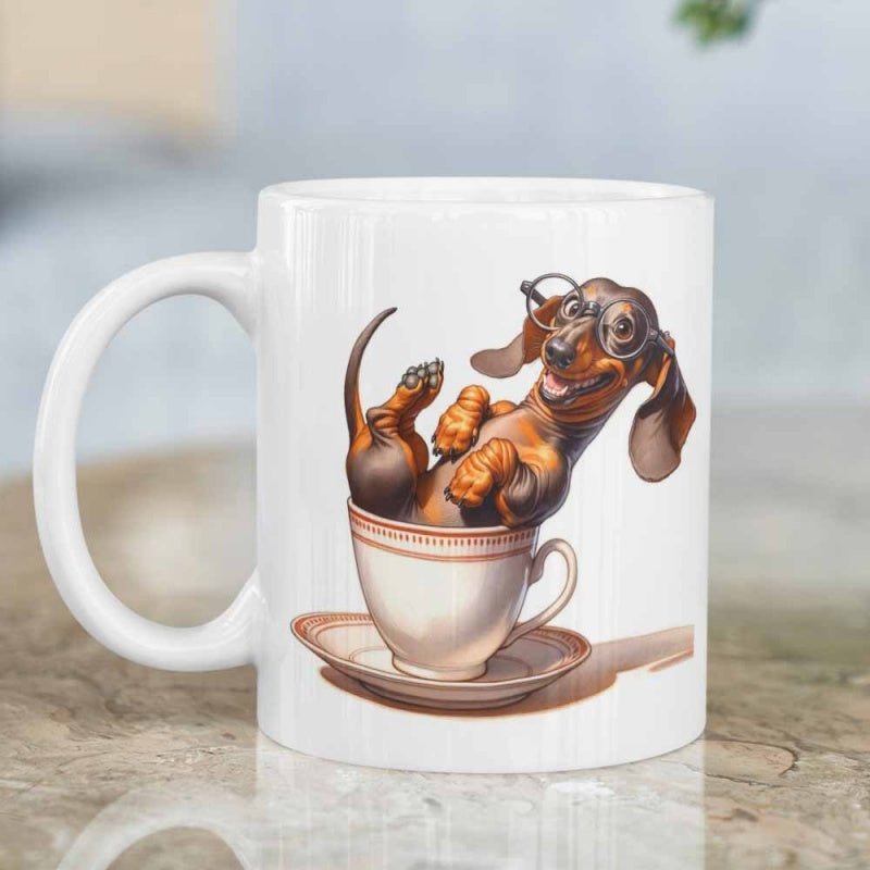 Tailorly White Ceramic 11 oz Mug - Whimsical Little Puppy Wearing Round Glasses Resting Inside A Tiny Porcelain Teacup Dachshund