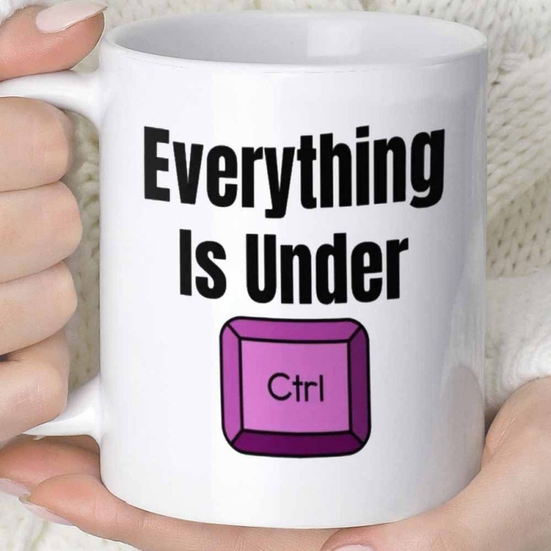 Tailorly White Ceramic 11 oz Mug - Everything Is Under Ctrl Purple Three Dimensional Computer Keycap Styled With Bold Black Typography Keycap