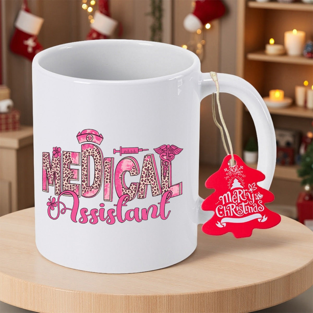 Tailorly White Ceramic 11 oz Mug - Medical Assistant Merry Christmas Stylized Pink Leopard Print Letters With Medical Symbols And Festive Tag Mug