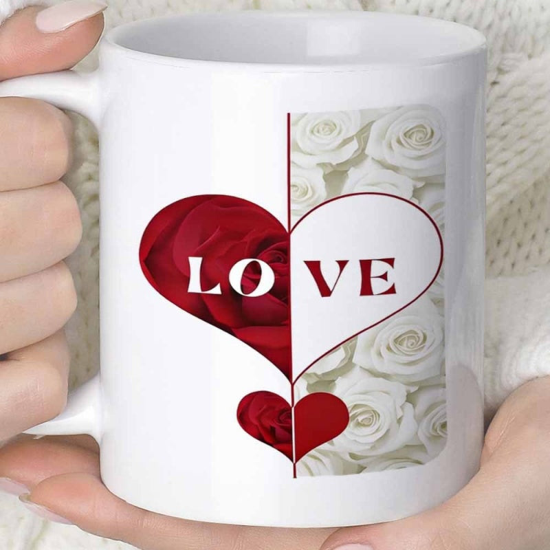 Tailorly White Ceramic 11 oz Mug - Love Elegant Red And White Roses Textured Within A Romantic Split Heart