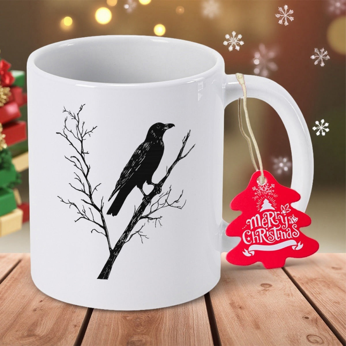 Tailorly White Ceramic 11 oz Mug - Elegant Silhouette Of Black Raven Perched On Withered Branch Crow