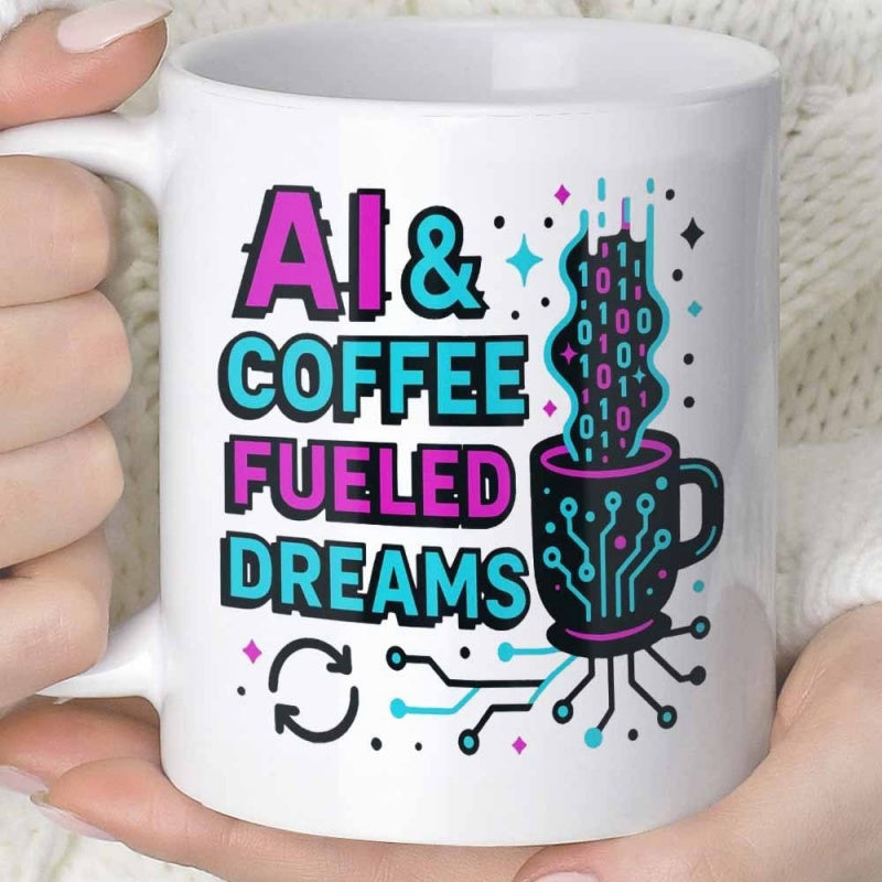 Tailorly White Ceramic 11 oz Mug - AI Coffee Fueled Dreams Modern Digital Circuit Board Patterns And Binary Steam Rising Into Stars Mug