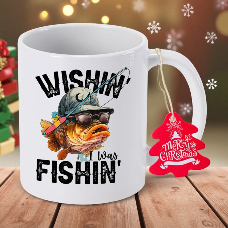 Tailorly White Ceramic 11 oz Mug - Wishin I Was Fishin Stylized Cartoon Bass Wearing Sunglasses And A Classic Fishing Hat Fish