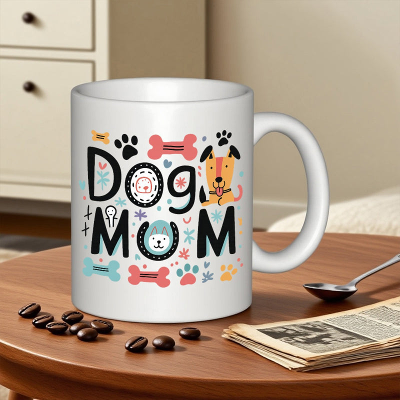 Tailorly White Ceramic 11 oz Mug - Dog Mom Playful Pattern Featuring Colorful Paw Prints And Tiny Bones Dog