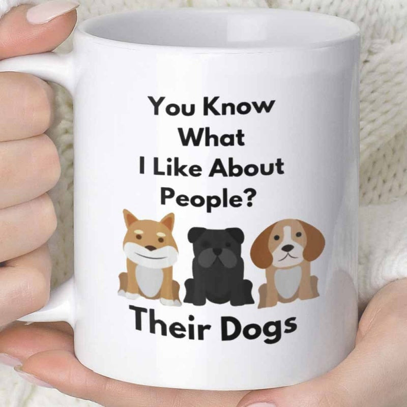 Tailorly White Ceramic 11 oz Mug - You Know What I Like About People Their Dogs Three Different Cartoon Breeds Of Sitting Dogs In A Row Dog