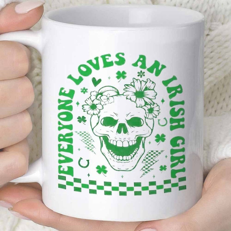 Tailorly White Ceramic 11 oz Mug - Everyone Loves An Irish Girl Smiling With Green Floral Crown Among Lucky Clovers And Horseshoes Skull