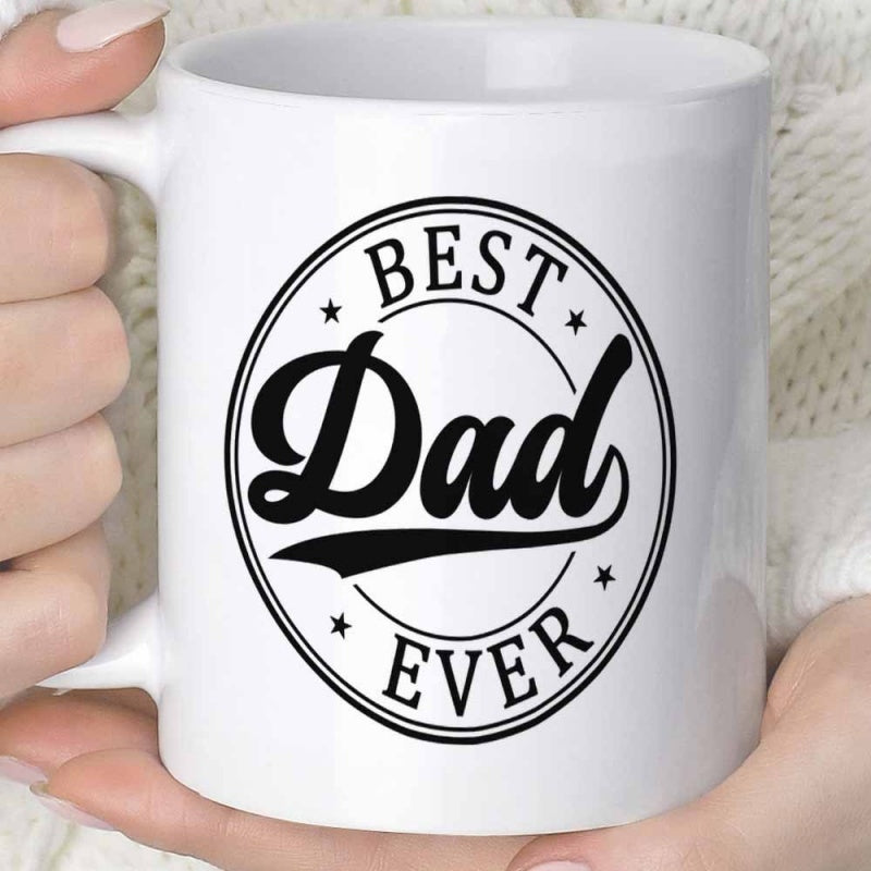 Tailorly White Ceramic 11 oz Mug - Best Dad Ever Circular Badge With Bold Script Text And Decorative Small Stars Badge