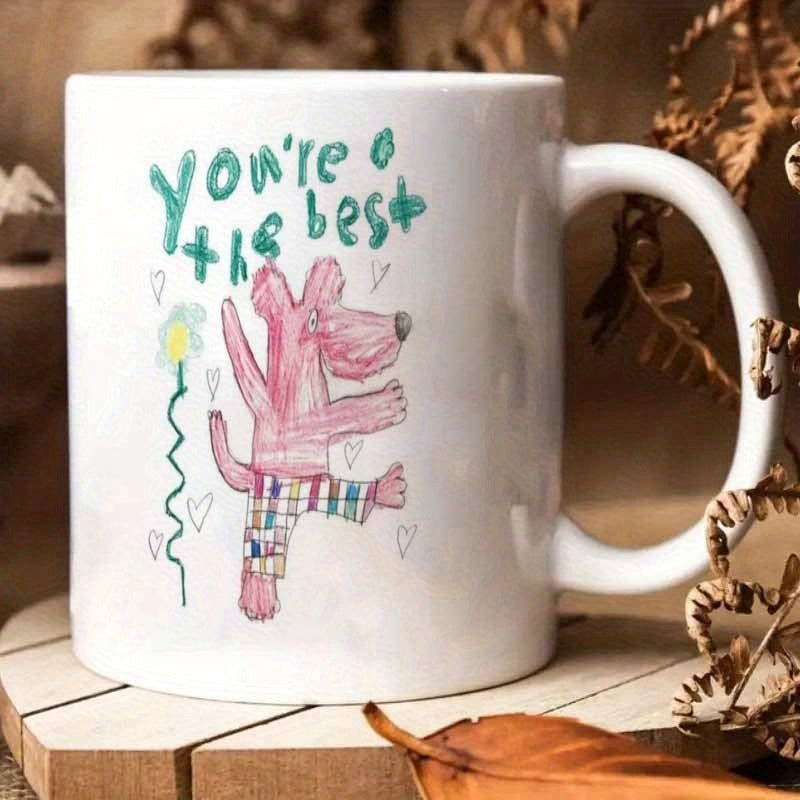 Tailorly White Ceramic 11 oz Mug - Youre The Best Whimsical Pink Character Wearing Plaid Shorts Dancing Amidst Hearts Flowers Mug