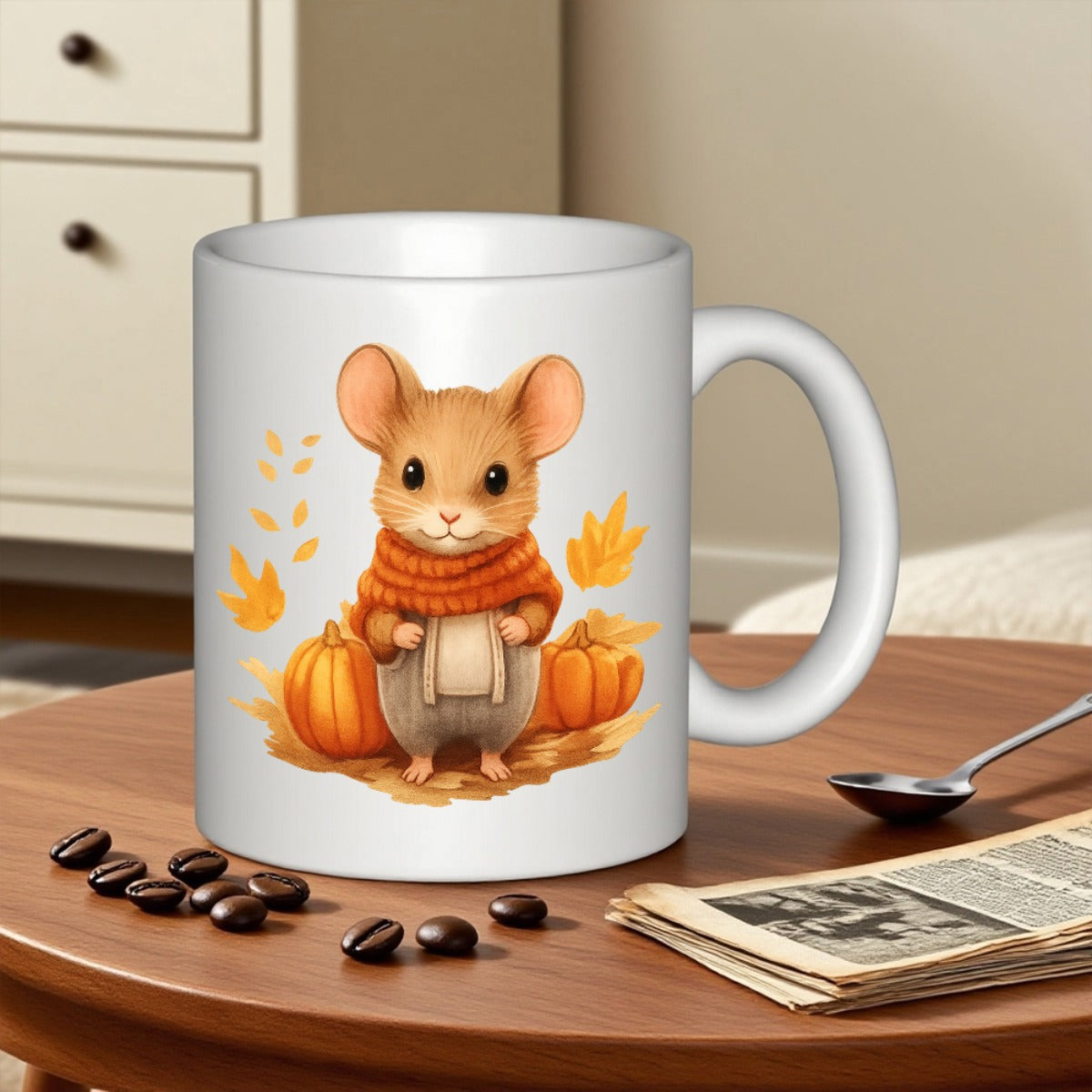 Tailorly White Ceramic 11 oz Mug - Adorable Tiny Creature Wearing Knitted Scarf Among Falling Autumn Foliage Mouse