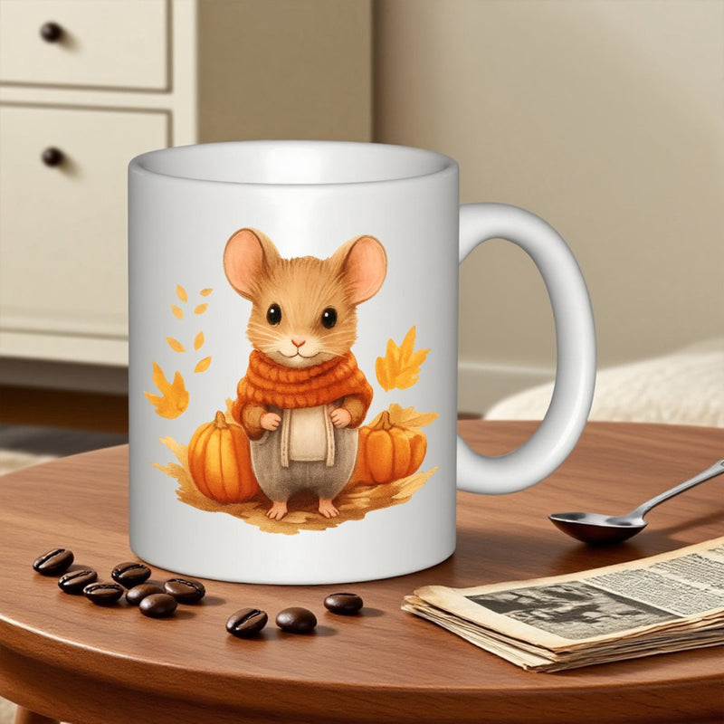Tailorly White Ceramic 11 oz Mug - Adorable Tiny Creature Wearing Knitted Scarf Among Falling Autumn Foliage Mouse