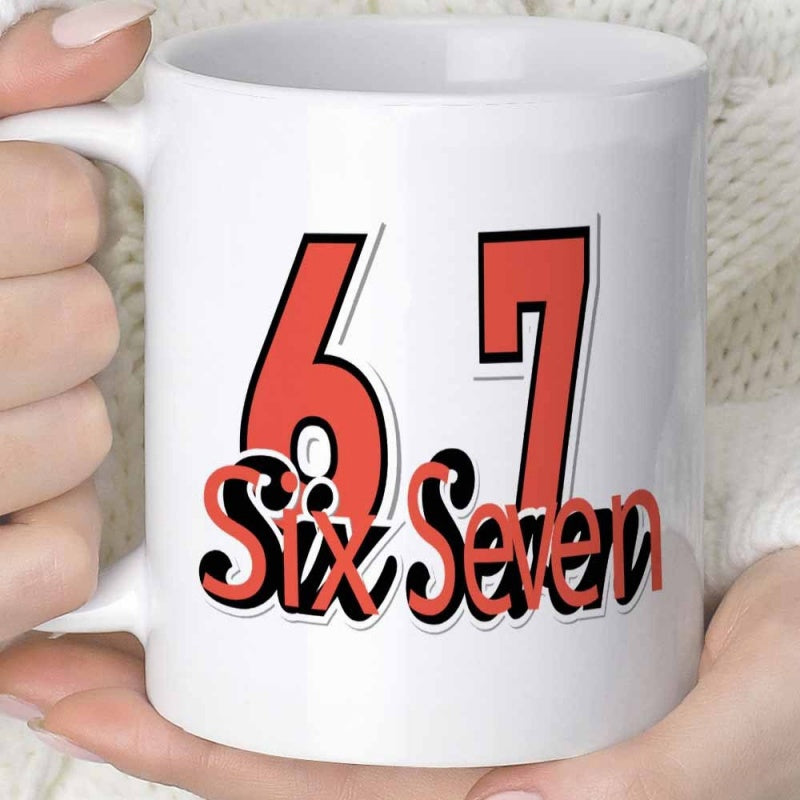 Tailorly White Ceramic 11 oz Mug - Six Seven Bold Red Stylized Outline Numbers On Classic