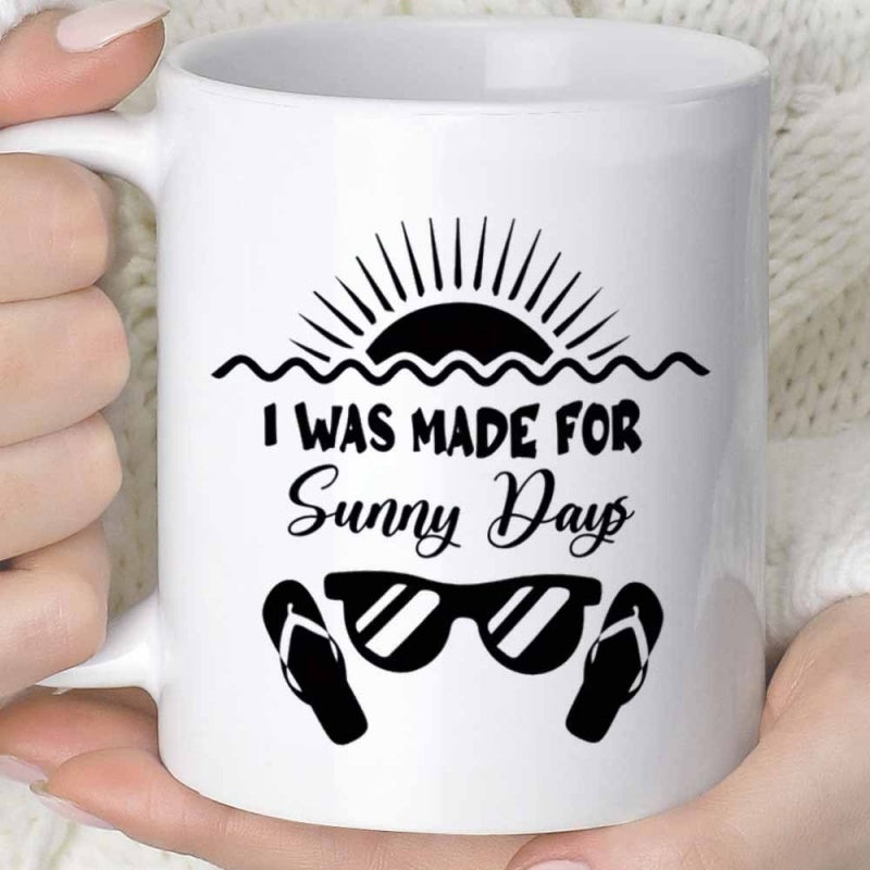 Tailorly White Ceramic 11 oz Mug - I Was Made For Sunny Days Radiant Setting Rays Over Wavy Ocean Beach Scenes Sun