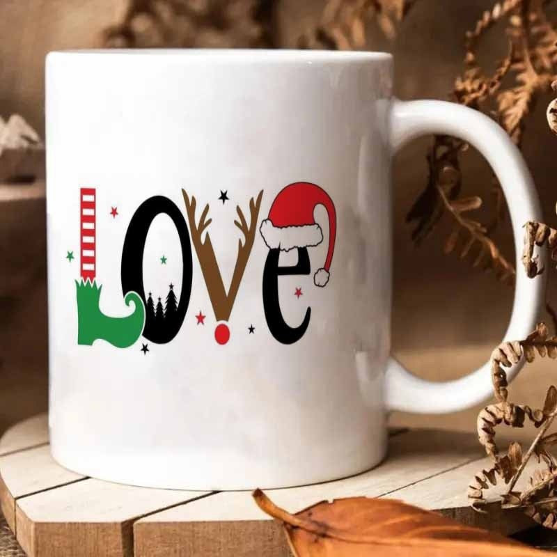 Tailorly White Ceramic 11 oz Mug - Love Festive Holiday Elements With Elf Boots And Santa Hat Reindeer