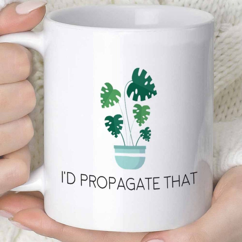 Tailorly White Ceramic 11 oz Mug - Id Propagate That Minimalist Potted Monstera With Lush Green Leaves And Teal Ceramic Pot Plant