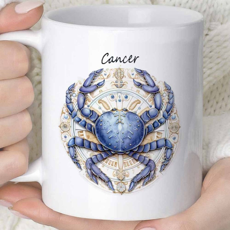 Tailorly White Ceramic 11 oz Mug - Cancer Intricate Blue Celestial Zodiac Mandala With Beautiful Ornate Decorative Details Crab