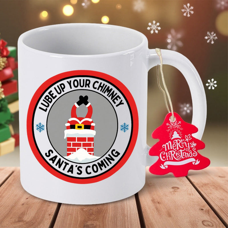 Tailorly White Ceramic 11 oz Mug - Lube Up Your Chimney Santas Coming Humorous Round Emblem Featuring Upside Down Santa Stuck In Brick Chimney Santa Claus