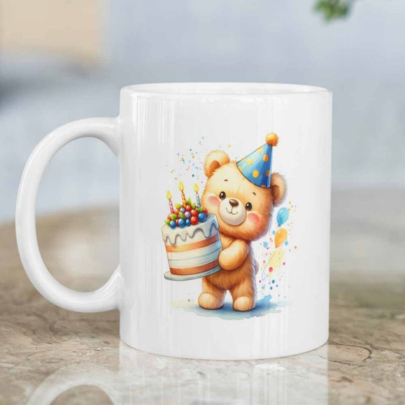 Tailorly White Ceramic 11 oz Mug - Charming Watercolor Brown Teddy Bear Wearing Party Hat Holding Birthday Cake Bear