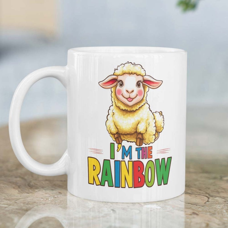 Tailorly White Ceramic 11 oz Mug - Im The Rainbow Cute Fluffy Little Lamb Standing Above Colorful Vibrant Rainbow Text Sheep
