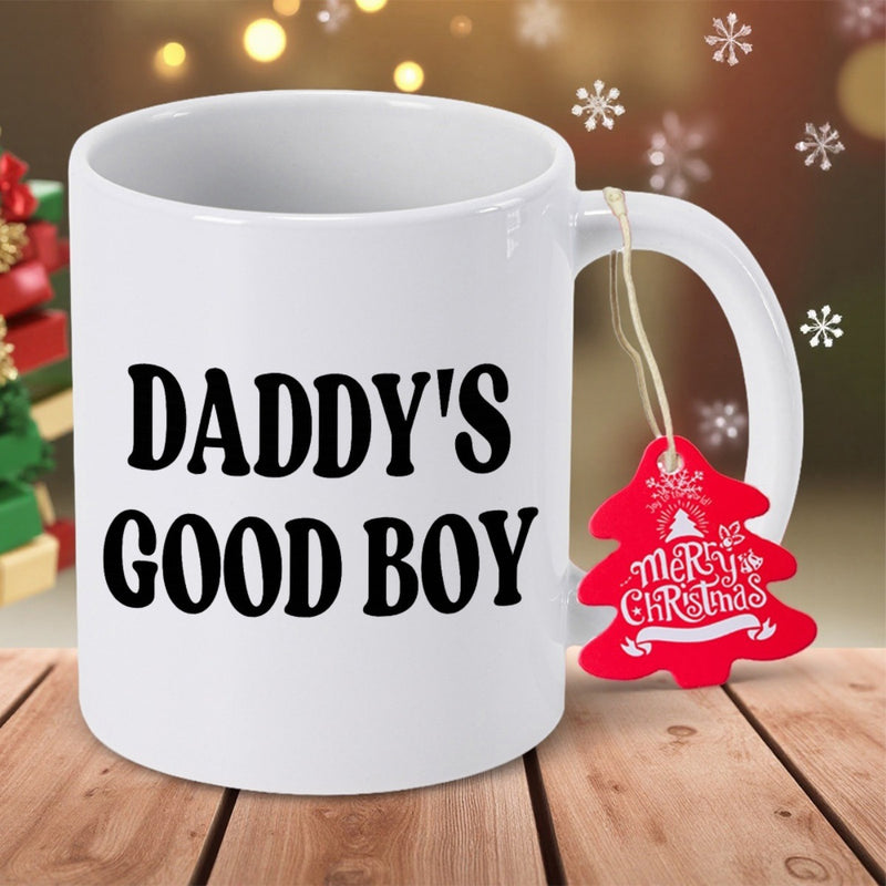 Tailorly White Ceramic 11 oz Mug - Daddys Good Boy Merry Christmas White Ceramic Holiday Container With Bold Typography And Red Ornament Mug