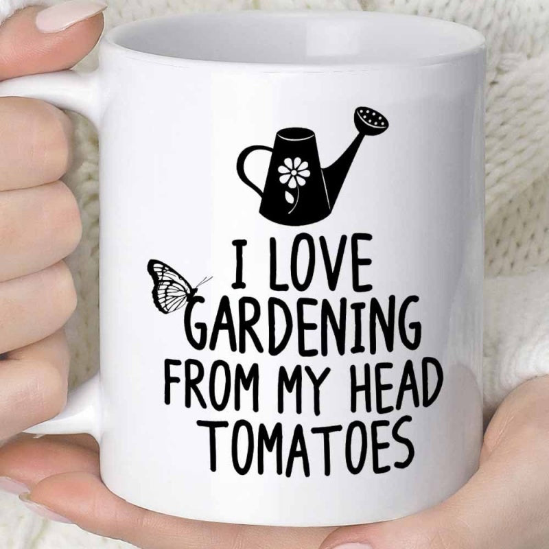 Tailorly White Ceramic 11 oz Mug - I Love Gardening From My Head Tomatoes Black Watering Can With Flower And Small Butterfly Among Nature Garden