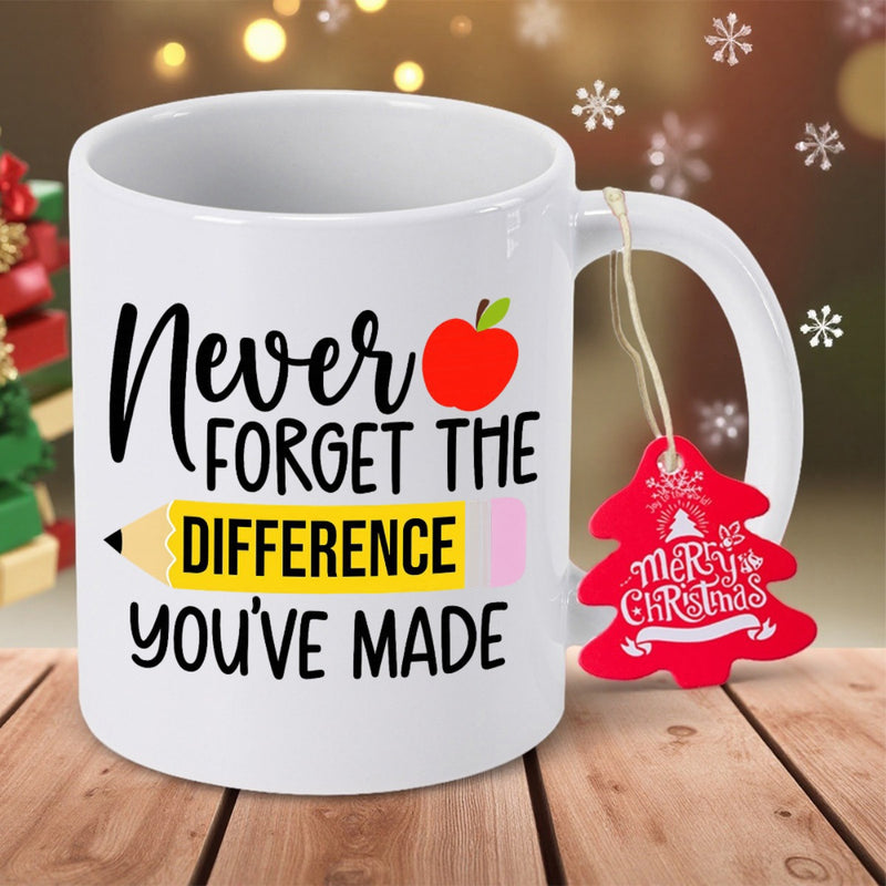Tailorly White Ceramic 11 oz Mug - Never Forget The Difference Youve Made Vibrant Red Apple Beside A Bright Yellow Pencil