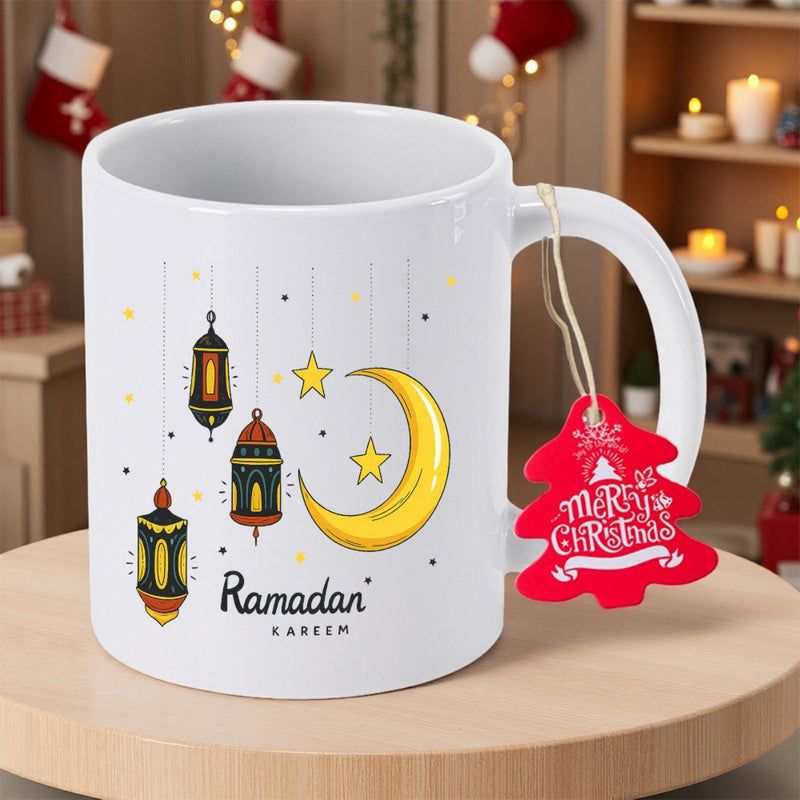 Tailorly White Ceramic 11 oz Mug - Ramadan Kareem Merry Christmas Hanging Traditional Lanterns Under A Bright Yellow Golden Glowing Crescent Moon