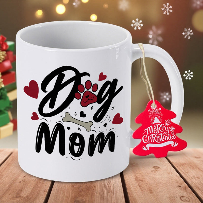 Tailorly White Ceramic 11 oz Mug - Dog Mom Vibrant Red Hearts Dancing Around A Paw Print And Bone Dog Mom