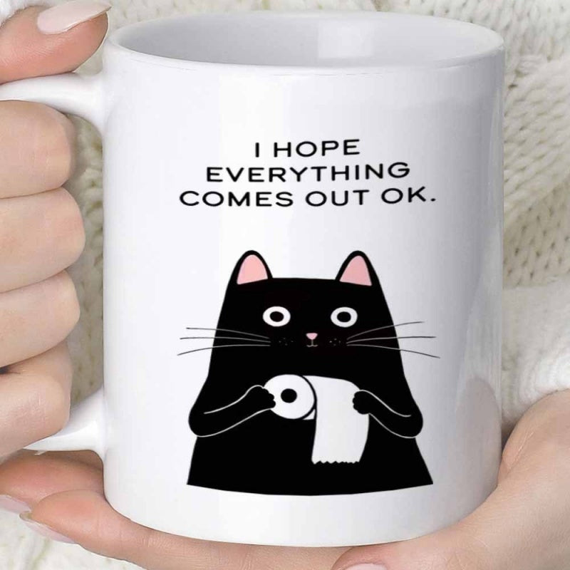 Tailorly White Ceramic 11 oz Mug - I Hope Everything Comes Out Ok Funny Black Silhouette Holding A Roll Of White Toilet Paper Cat