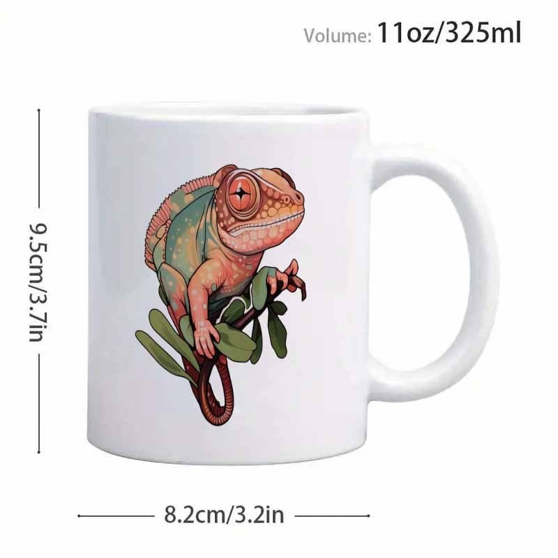 Tailorly White Ceramic 11 oz Mug - Colorful Artistic Lizard Perched On Green Branch With Curved Tail Chameleon
