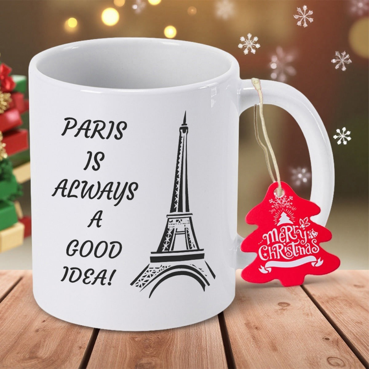 Tailorly White Ceramic 11 oz Mug - Paris Is Always A Good Idea Simple Black Line Art Sketch Of Iconic French Landmark Eiffel Tower