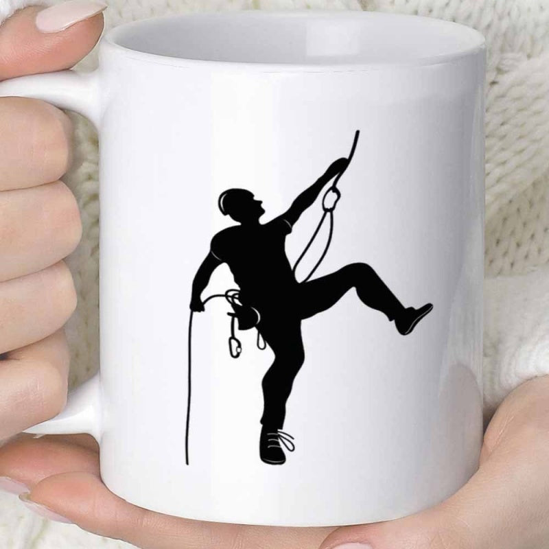 Tailorly White Ceramic 11 oz Mug - Active Silhouette Scaling Upwards With Professional Ropes And Safety Gear Climber
