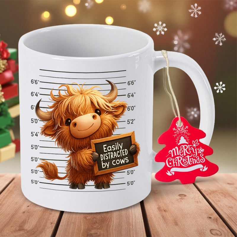 Tailorly White Ceramic 11 oz Mug - Easily Distracted By Cows Adorable Furry Highland Cow Holding A Small Wooden Sign Cow