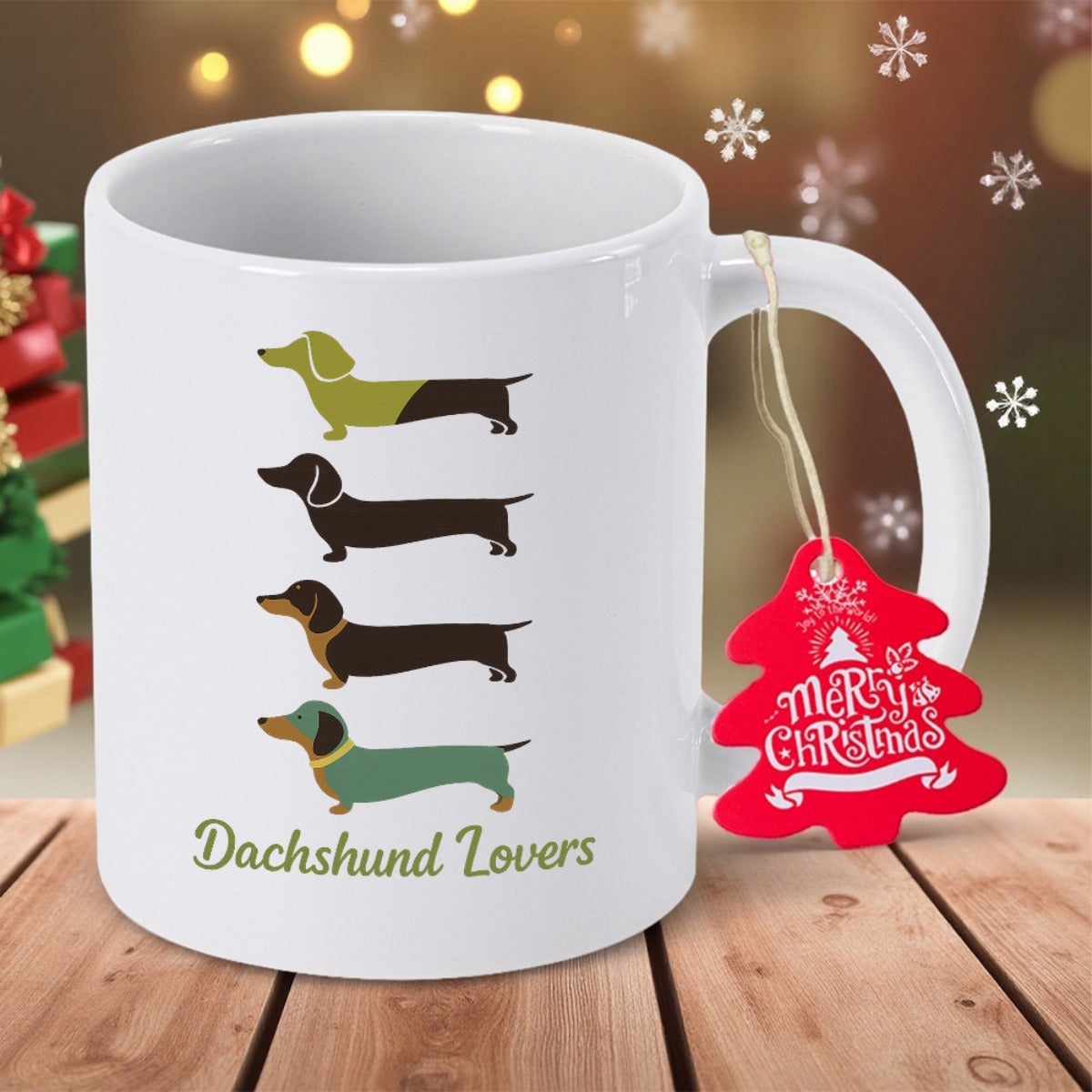 Tailorly White Ceramic 11 oz Mug - Dachshund Lovers Merry Christmas Multiple Colorful Silhouettes Of Short Legged Dogs Standing In A Row Dachshund