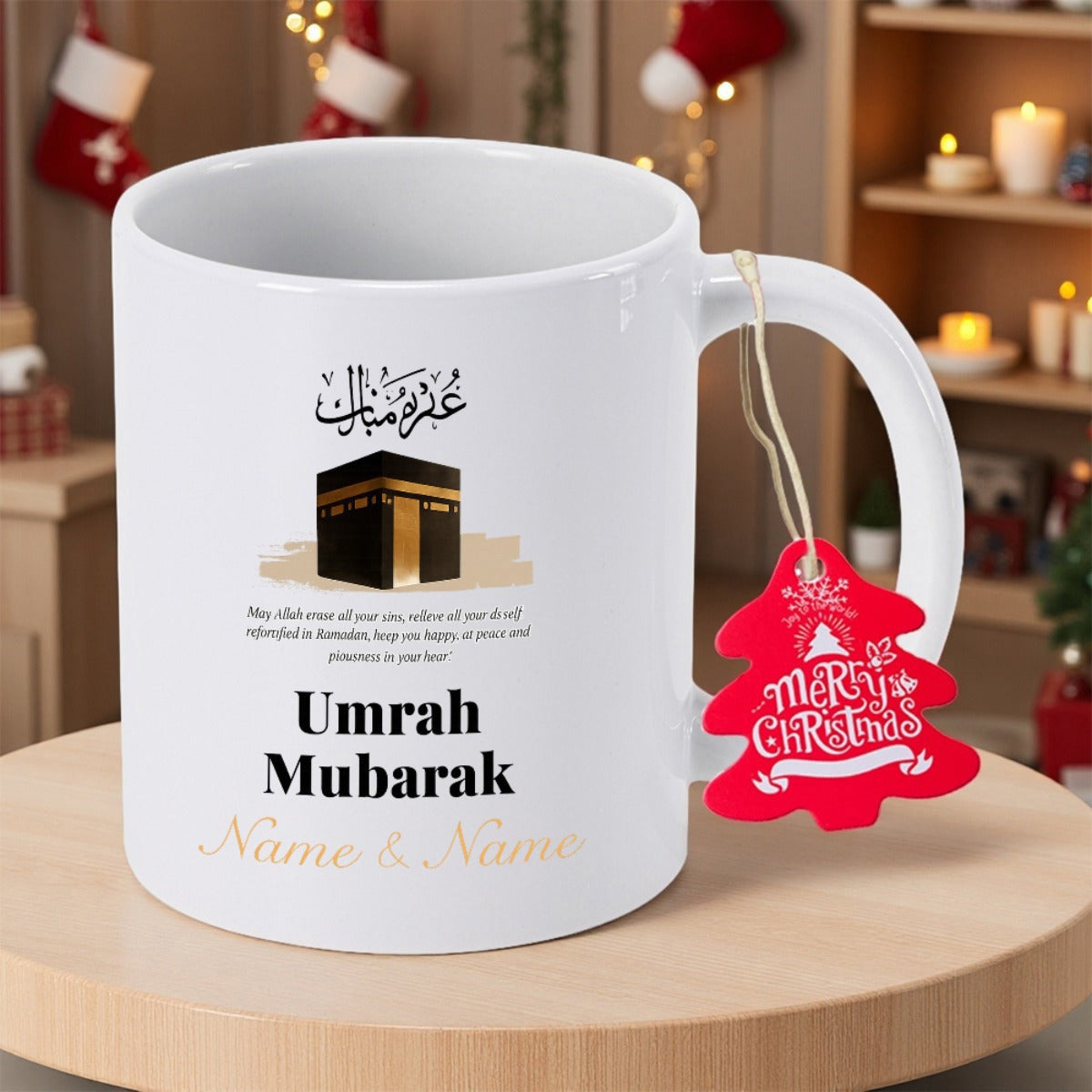Tailorly White Ceramic 11 oz Mug - Umrah Mubarak Elegant Religious Shrine With Golden Details And Sacred Spiritual Atmosphere Kaaba