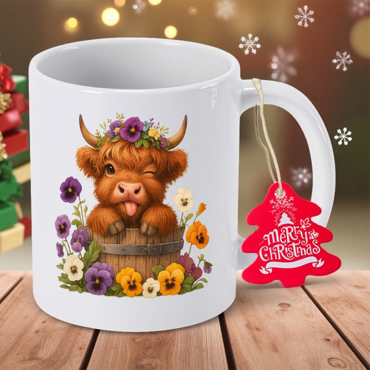Tailorly White Ceramic 11 oz Mug - Merry Christmas Adorable Furry Baby Calf Winking Inside Rustic Wooden Bucket Among Spring Flowers Highland Cow