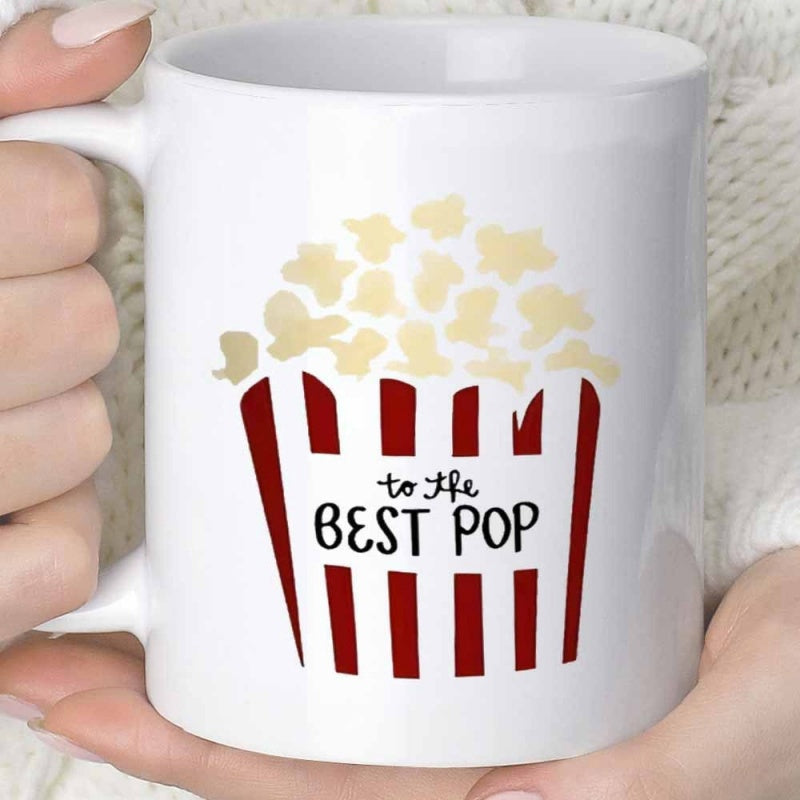 Tailorly White Ceramic 11 oz Mug - To The Best Pop Classic Red And White Striped Bucket Filled With Delicious Fluffy Golden Movie Popcorn