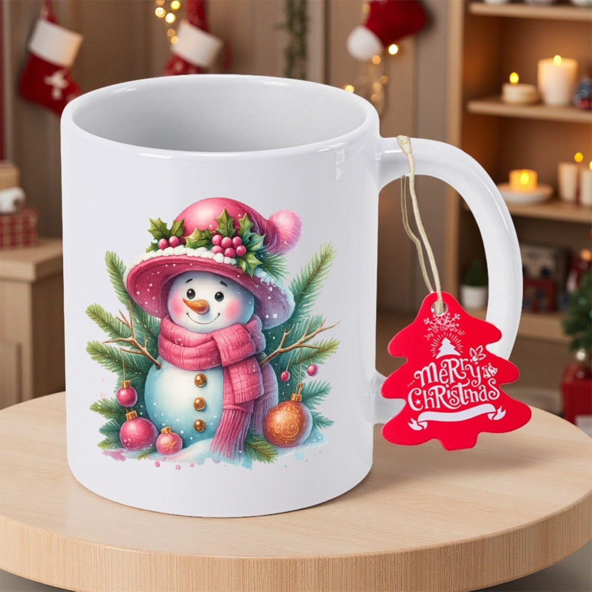 Tailorly White Ceramic 11 oz Mug - Merry Christmas Festive Snowman Wearing Pink Hat And Scarf Among Pine Branches Snowman
