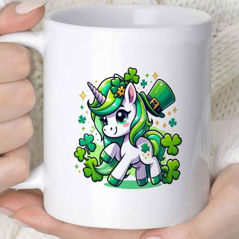 Tailorly White Ceramic 11 oz Mug - Magical St Patricks Day Themed With Clovers And Green Leprechaun Hat Unicorn