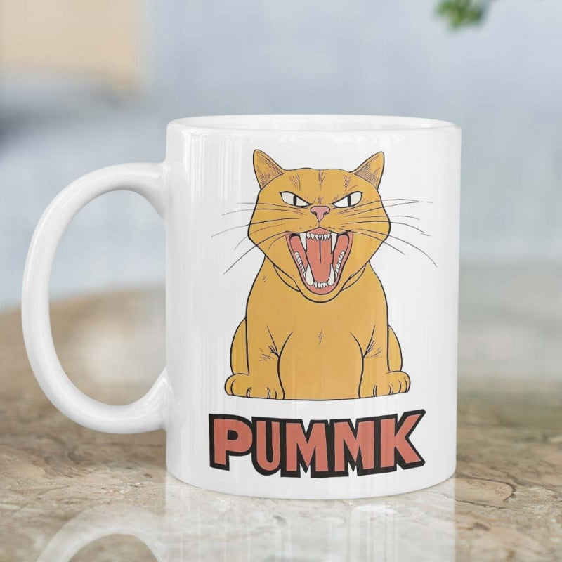 Tailorly White Ceramic 11 oz Mug - Pummk Fierce Orange Cartoon Feline Sitting And Roaring With Mouth Wide Open Cat